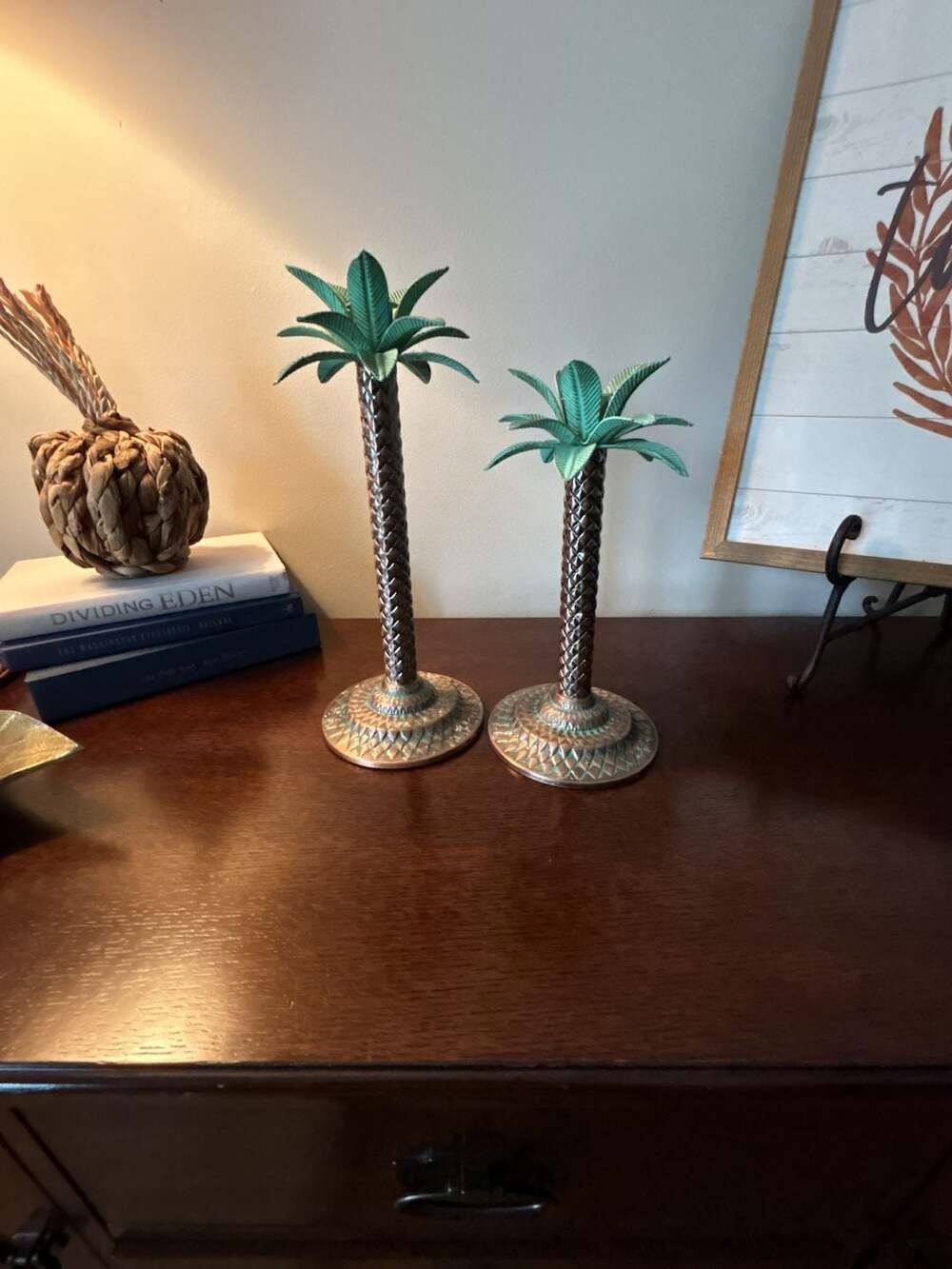 Vintage Metal Palm Tree Taper Candle Holders Pair Copper Green Patina